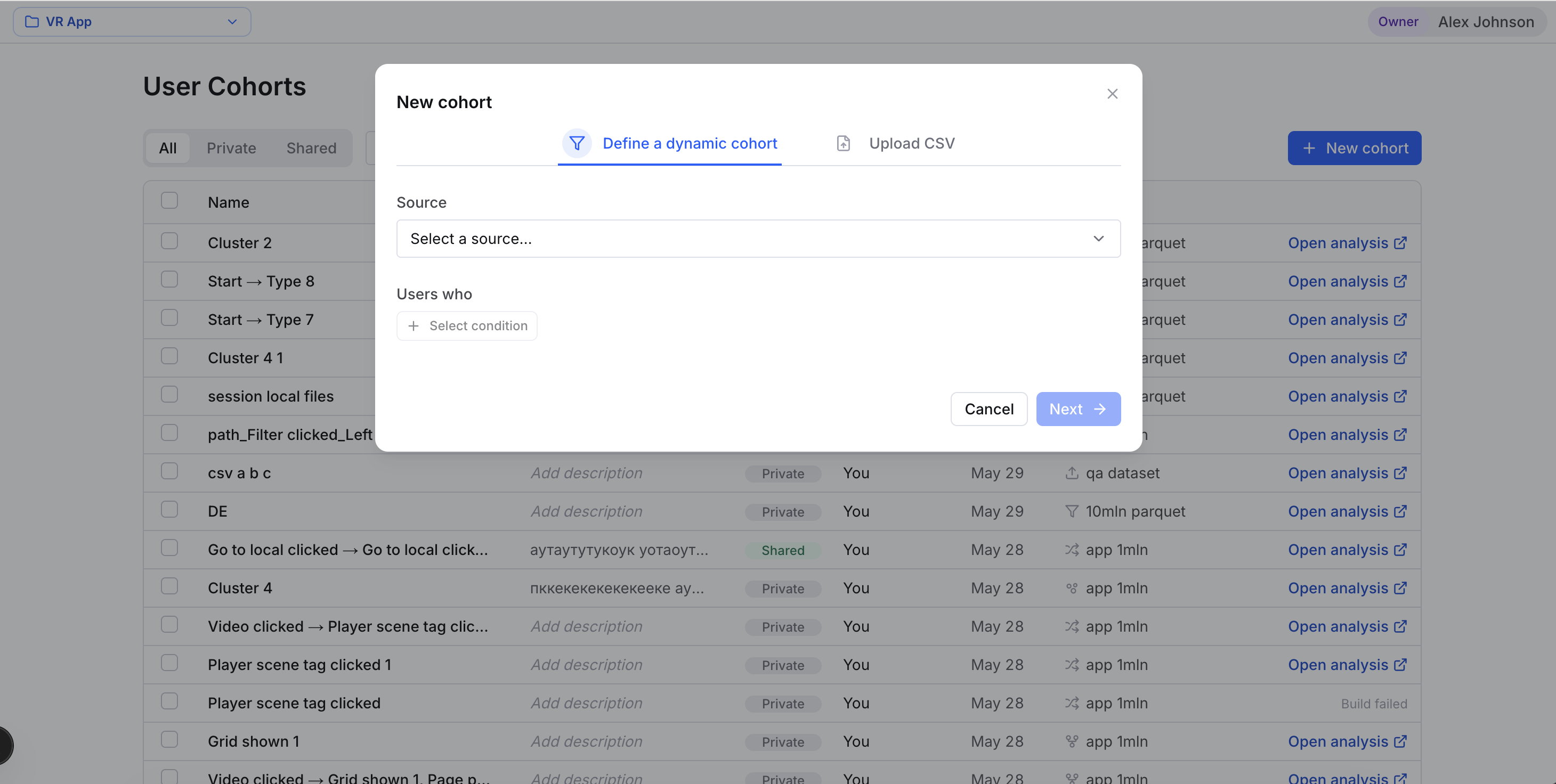 The New cohort dialog showing the Define a dynamic cohort and Upload CSV tabs above a source picker