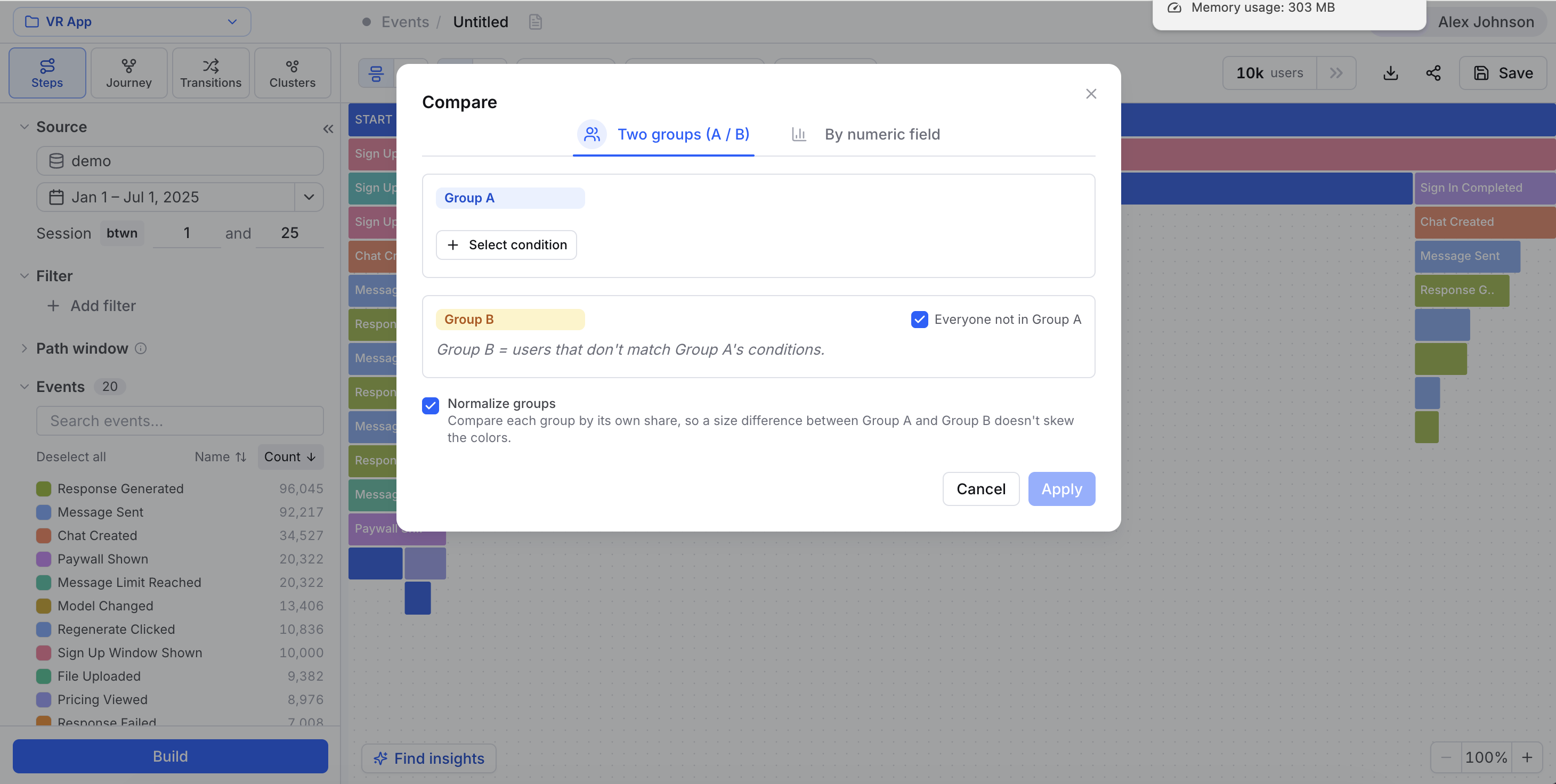 The Compare dialog open on the Groups tab, showing separate filter builders for Group A and Group B.