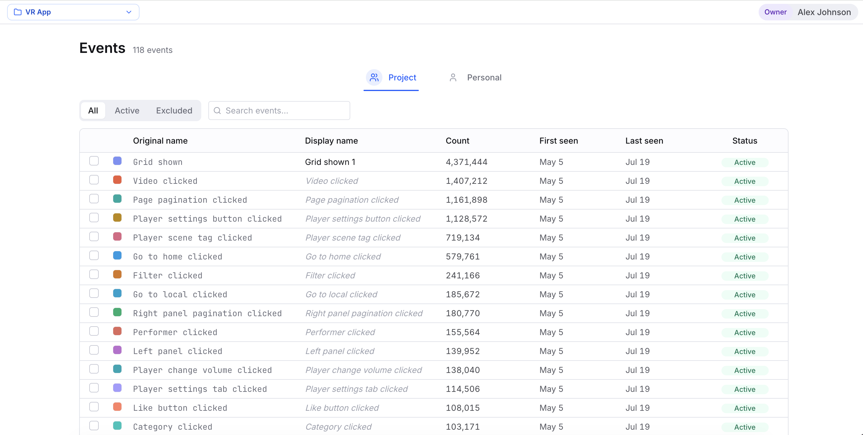 The Events catalog screen with columns for color, Original name, Display name, Count, First seen, Last seen, and Status