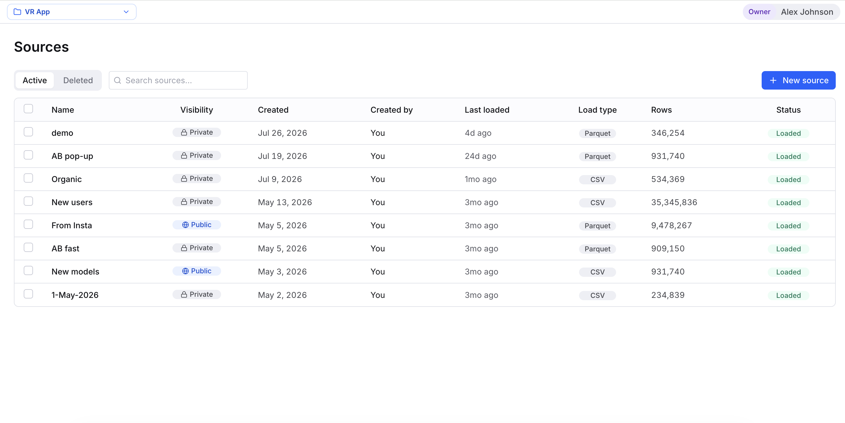 Sources list with one source showing Status = Loaded and a row count