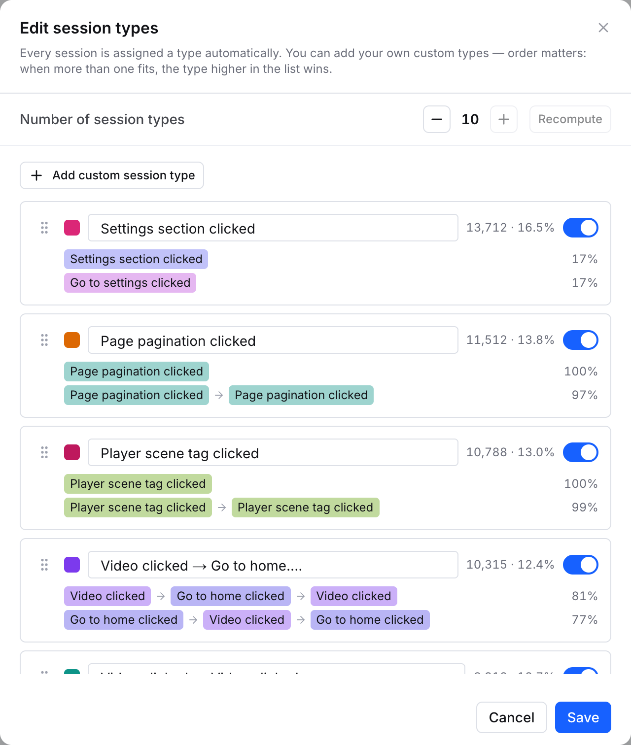 The Edit session types dialog: a Number of session types stepper with Recompute, an Add custom session type button, and a draggable list of types each with a color, editable name, user count and share, an on/off toggle, and the event patterns that define it