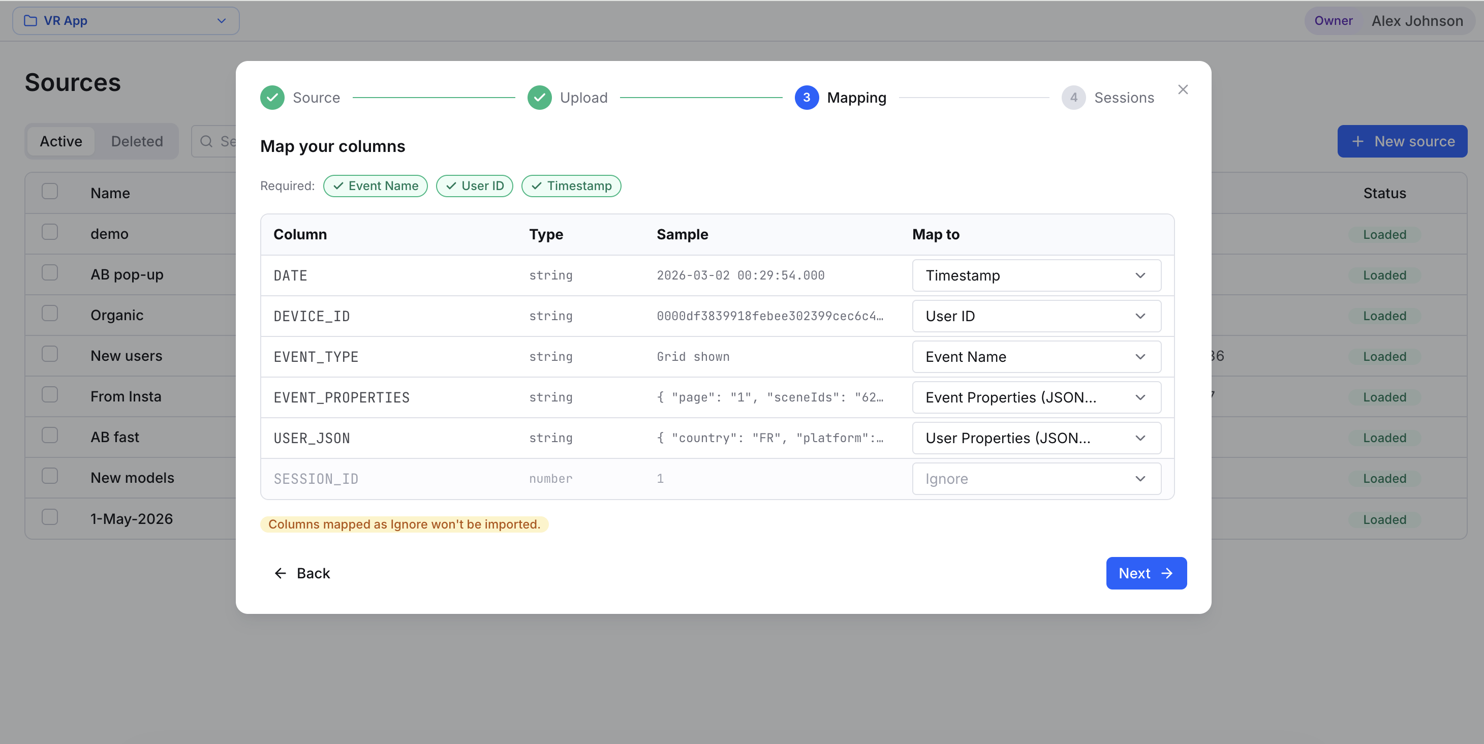 The Mapping step of the New source wizard showing the Map your columns table with Column, Type, Sample, and Map to fields, plus required chips for Event Name, User ID, and Timestamp.