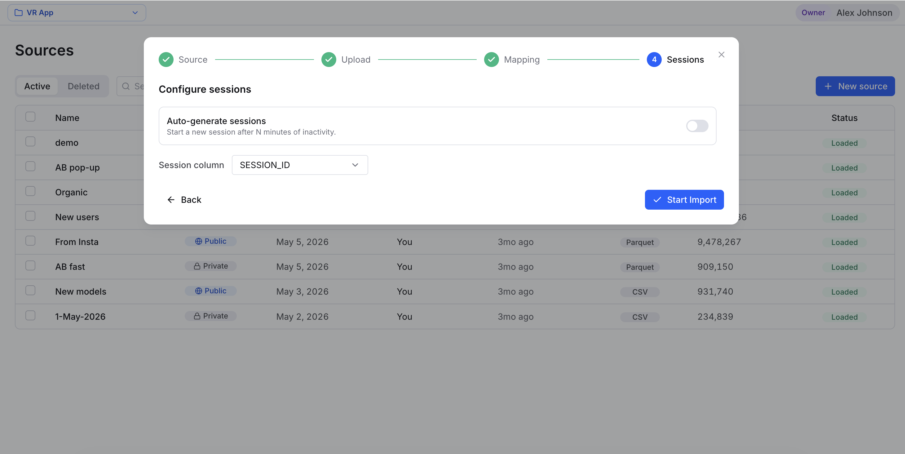 The Sessions step of the New source wizard showing the Configure sessions panel with the Auto-generate sessions toggle and Session timeout field.