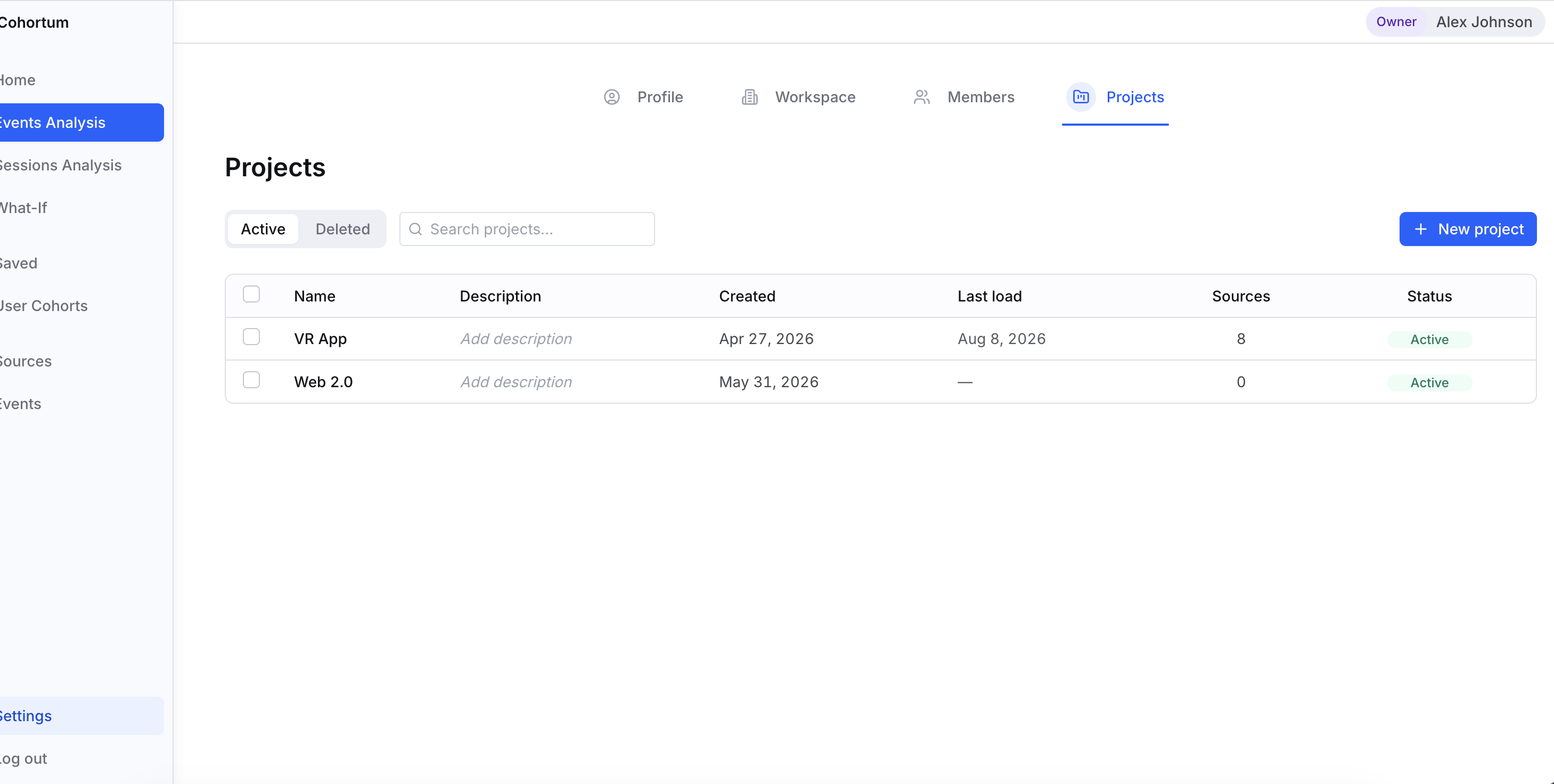 Settings Projects tab listing projects with name, description, sources, and status columns